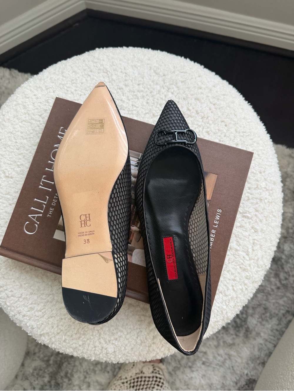 Carolina Herrera Black Pointed Mesh Ballet Flats with Buckle
